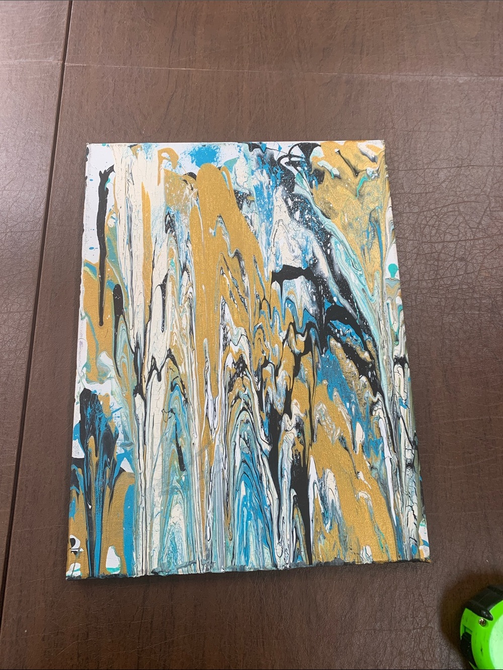 Canvas Abstract Fluid Pour Painting in Gold, Blue, White, Black